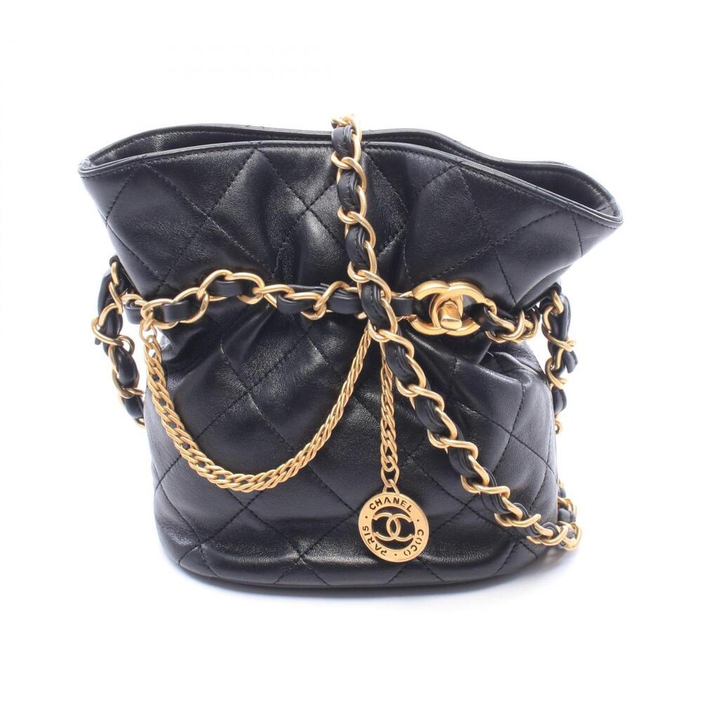 Chanel Matelassé Bucket Bag, Shoulder Handbag, Lambskin Leather, Women's, Bla...